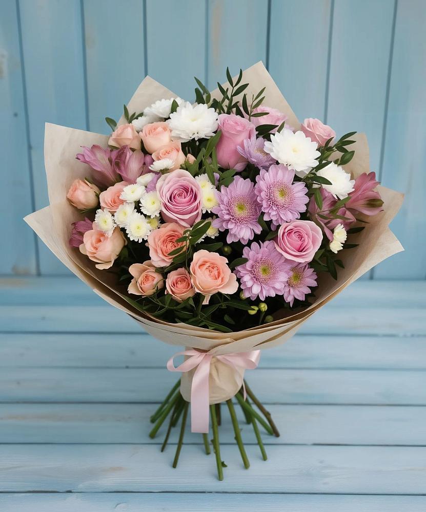 Букет цветов из: Хризантемы, Розы и Альстромерии в Мотыгино