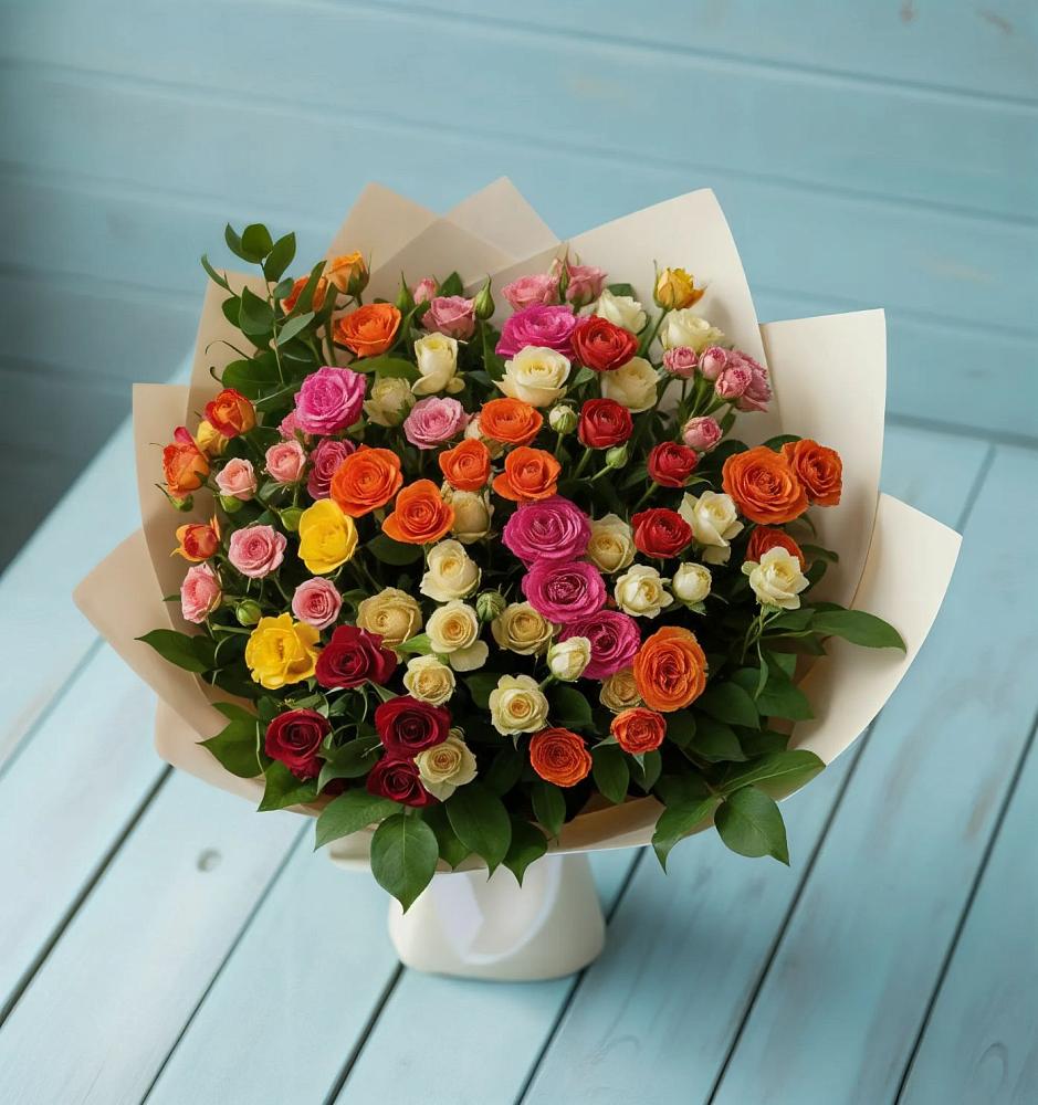 Букет Микс из разноцветных кустовых роз в Мотыгино