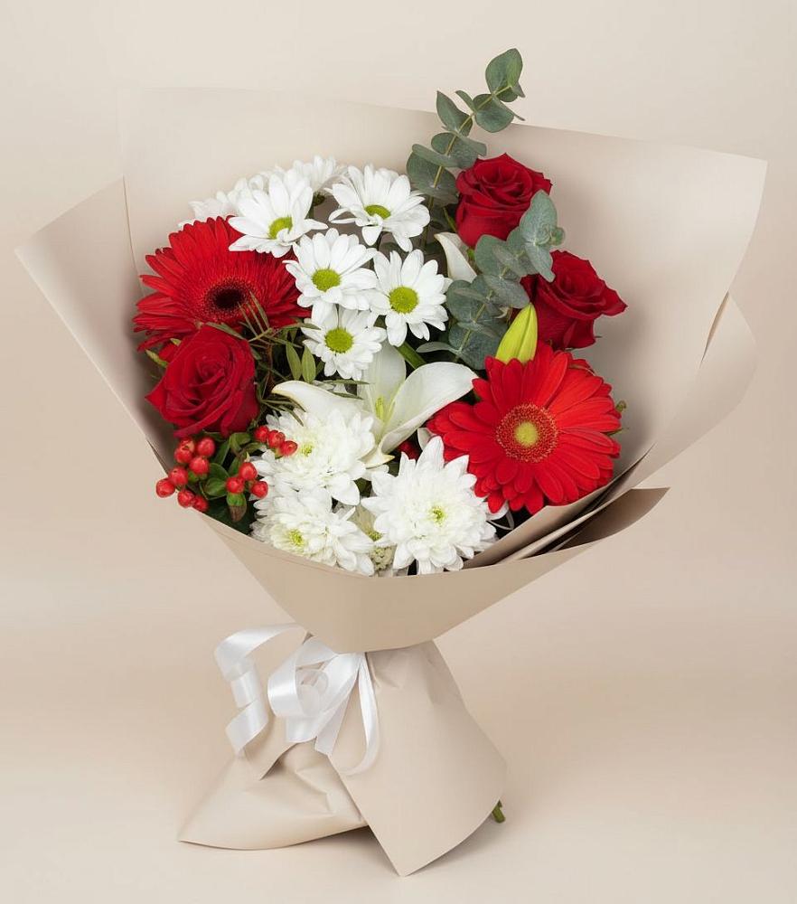 Букет цветов из: Розы, Хризантемы, Герберы и Лилии в Мотыгино