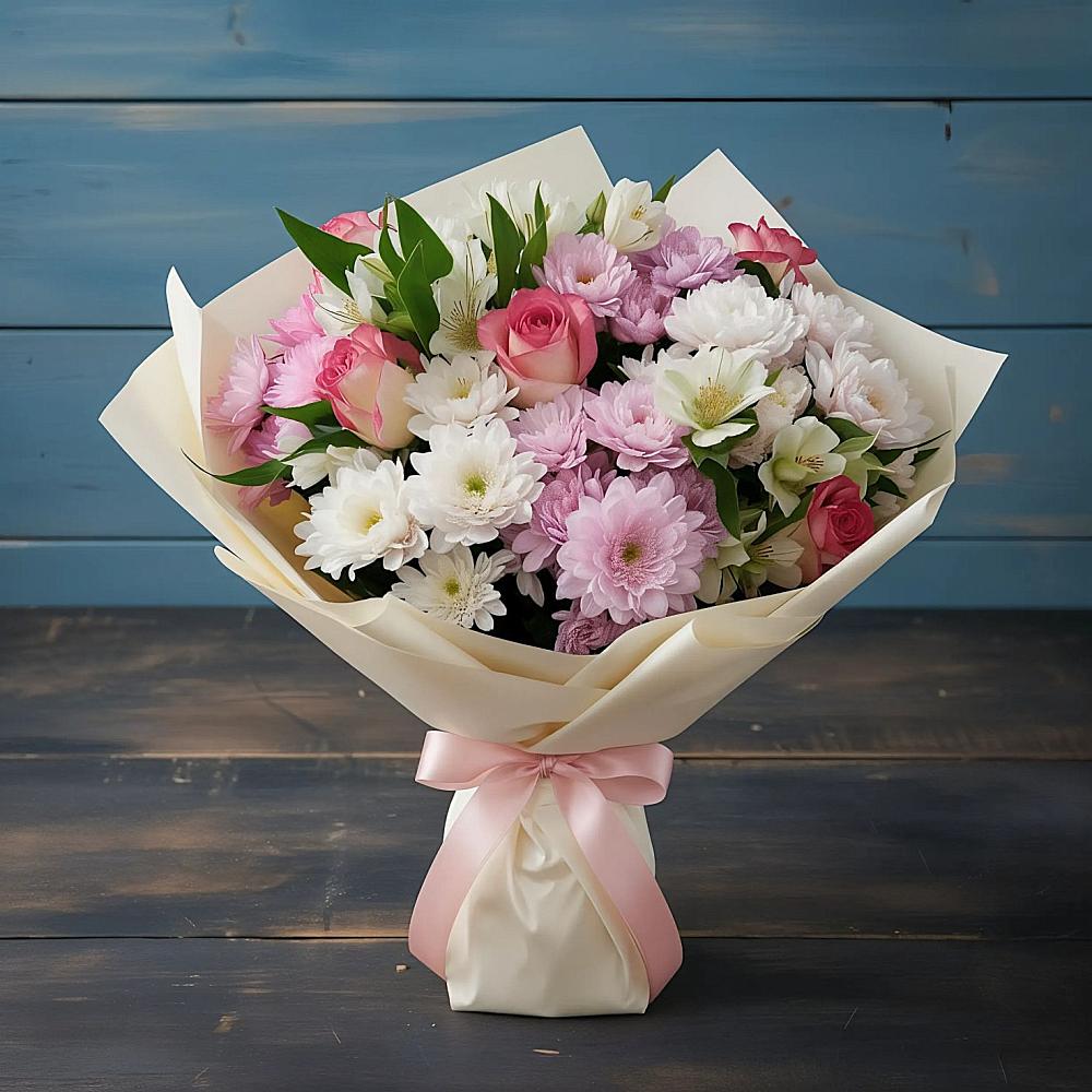 Букет цветов из: Хризантемы, Альстромерии и Розы в Мотыгино